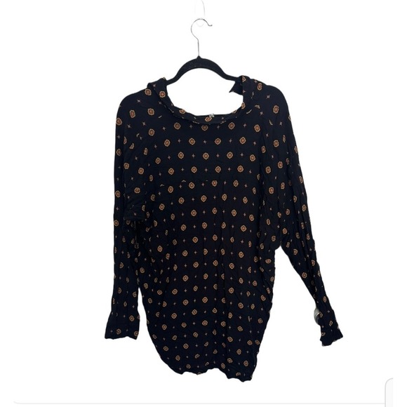 Free People Paisley Flowy Blouse Black Top Size Large Button Down - Picture 3 of 5